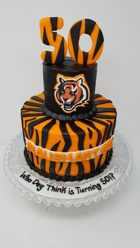 Bengals Football Cake, Bengals Birthday Cake, Cincinnati Bengals Cake, 50th Birthday Party Ideas For Men, 50th Bday, Cool Cake Designs, Football Cake, 40th Birthday Cakes, 50th Birthday Cake