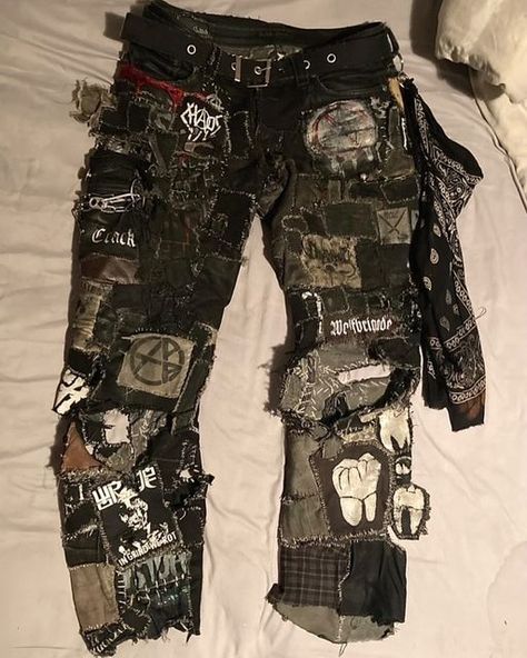 Scum Pants on Instagram: "By @raven_toothfairy - - - Tags: #scumpants #scum #patchwork #patchjeans #patchjeans #style #streetwear #streetstyle #denim #jeans #sewing #handstitched #handstitching #diy #custom #clothes #clothing #pants #patchpants #patches #trousers #customjeans #customjeans #customdenim #customclothes #customclothing #diyclothes #diyclothing #diyjeans #diypants" Patch Cargo Pants, Patched Cargo Pants, Punk Patchwork Pants, Baggy Patch Pants, Patchwork Overalls Diy, Baggy Crust Pants, Grunge Pants Diy, Diy Custom Jeans Ideas, Patch Pants Diy