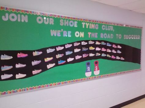 Shoe Tying Club Bulletin Board Club Bulletin Board, Peds Nursing, Pe Bulletin Boards, Shoe Tying, Elementary Physical Education, Elementary Pe, Teacher Bulletin Boards, Pe Ideas, Fun School