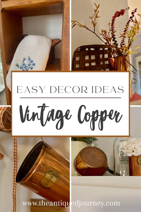 various ways of using vintage copper as home decor Copper And Wood Decor, Copper Display Kitchen, Decorating With Copper Accents, Copper Bucket Decor Ideas, Copper Pot Decor Ideas, Vintage Copper Decor, Brass Bowl Decor Ideas, Decorating With Copper In The Kitchen, Copper Bowl Decor Ideas