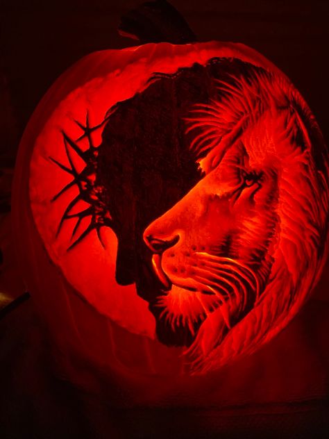 Carved for church lobby Church Pumpkin Carving Ideas, Catholic Pumpkin Carving Ideas, Christian Carved Pumpkins Ideas, Pumpkin Carving Christian, Lion Pumpkin Carving, Pumpkin Carving Jesus, Pumkin Carving Christian, Lion Pumpkin, Christian Pumpkin Carving