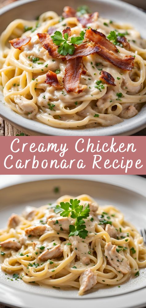 Creamy Chicken Carbonara Recipe | Cheff Recipes Carbonara Pasta Without Bacon, Chicken Bacon Recipes Healthy, Dinner Idea With Bacon, Easy Yummy Chicken Dinners, Chicken Bacon Carbonara Pasta Easy, Chicken Carbonara Pasta Recipe, Creamy Pasta Dishes Recipes, Cabanara Pasta Recipe Bacon Chicken, Creamy Chicken Carbonara Recipe