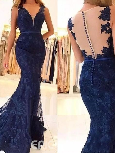 Ericdress Mermaid V-Neck Button Lace Evening Dress Navy Lace Prom Dress, Navy Blue Mermaid Prom Dress, Lace Formal Dresses, Formal Dresses Mermaid, Lace Prom Gown, Africa Dress, Lace Formal Dress, Lace Prom Dress, Dresses Mermaid