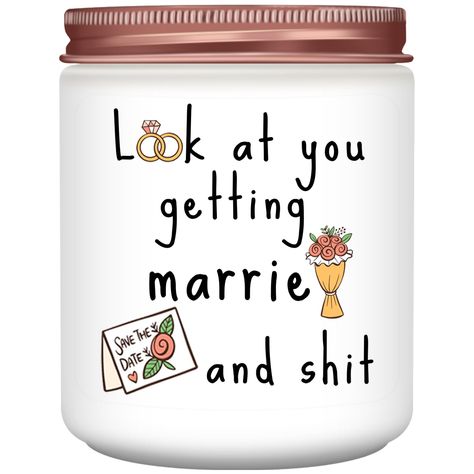 PRICES MAY VARY. Bridal Shower Gifts: This funny lavender scented candle gift comes with a humorous make-her-have-a-good-laugh-ha-ha-ha phrase: look at you getting married and shit! Is a real attention-getting gift that newlyweds and couples will love. These would be the best unique wedding gifts, bridal shower gifts for bride, bride to be gifts, engagement gifts for couples, bride gifts, bachelorette gifts for bride, and engagement gifts for her. She will be smiling with joy on this special day Bride Gifts For Wedding Day, Bridal Shower Gifts Cricut, Cricut Bride Gifts, Unique Engagement Gifts For Couple, Gift Basket For Wedding, Wedding Basket Gift, Personal Wedding Gifts, Engagement Party Gift Ideas, Bridal Gift Basket