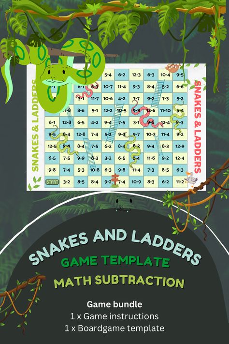 A no preparation class activity. Get students to practice their math subtraction by playing Snakes and Ladders. This game bundle includes a snakes and ladders printable board template and game instructions. Great for students from Pre-K to grade 4. Can be used as an early finish activity or homework revision. #boardgame #boardgames #subtraction #snakesandladders #printable #game #classgame #classactivity #kidsgames #earlyfinisheractivity #ESL #maths #mathgame #mathboardgame #mathsactivity Snakes And Ladders Printable, Snakes And Ladders Game, Ladders Game, Math Board Games, Math Subtraction, Math Fluency, Class Activity, English Teaching Resources, Snakes And Ladders