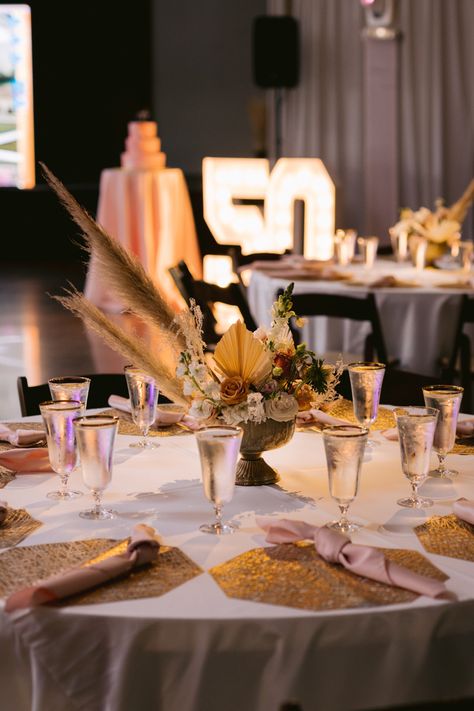 Photo Credit: Mooncrest Media Golden 50th Birthday, Birthday Table Decor, 50th Birthday Decorations, Decorations Table, Birthday Table, 50th Birthday Party, 50th Birthday, Table Setting, Table Decor