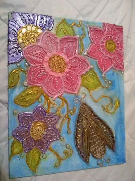 My hot glue gun picture. Painted with acrylics after applying the glue. Hot Glue Flowers On Canvas, Art With Hot Glue On Canvas, Hot Glue On Canvas, Hot Glue Art On Canvas Diy, Hot Glue Painting, Hot Glue Art On Canvas, Glue Art On Canvas, Hot Glue Art, Heritage Art