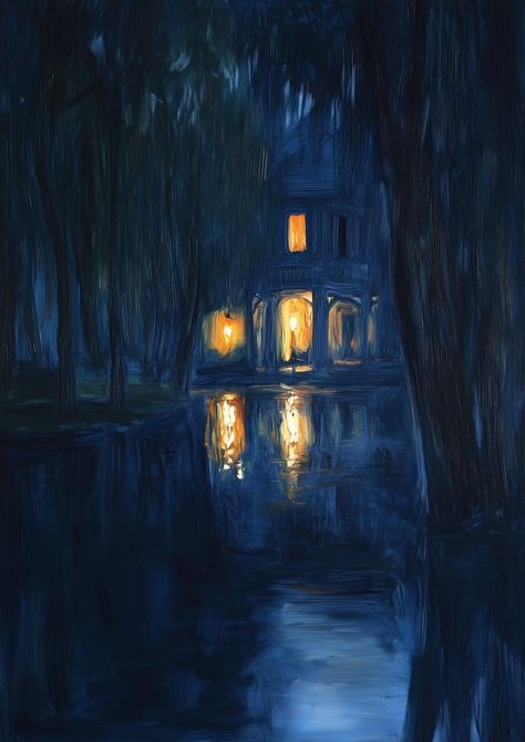 This striking artwork captures a serene nighttime landscape inspired by the style of Vincent van Gogh. The canvas print features deep hues of blue that evoke a tranquil atmosphere, complemented by the warm glow of illuminated windows reflecting on the water's surface. The painterly brush strokes highlight the movement of the night, while the surrounding trees create an almost ethereal feel to the scene. It's perfect for adding a calming presence to your home decor, inviting warmth and artistry into any space. Our custom canvas and digital print brings you an original piece that not only pays homage to the renowned artist but also showcases our unique creative vision. The contrast between the cool tones and the golden lights draws the viewer in, making it an ideal focal point for living roo Vincent Van Gogh Paintings Wallpapers, Night Digital Painting, Deep Blue Aesthetic, Nighttime Painting, Dark Blue Painting, Atmospheric Drawing, Night Drawings, Blue Landscape Painting, Nighttime Landscape