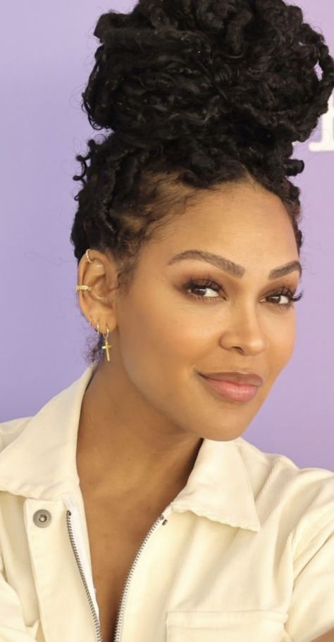 Megan Good Locs, Megan Good Hairstyles, Faux Locs In A Bun, Meagan Good Locs, Megan Good Short Hair, Megan Good Hairstyles Faux Locs, Butterfly Locs Claw Clip, Meagan Good Faux Locs, Megan Good Faux Locs