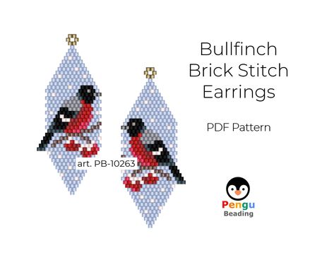 Beaded Bird Earrings, Miyuki Brick Stitch, Bullfinch Bird, Brick Stitch Beading, Beaded Birds, Beaded Bird, Loom Craft, Bullfinch, Brick Stitch Earrings