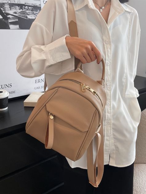 Khaki Elegant Collar  PU Leather Plain Functional Backpack Embellished   Women Bags Elegant Backpacks, Beige Backpacks, Backpack Outfit, Custom Handbags, Fake Designer Bags, Minimalist Backpack, Mom Bags, Tas Fashion, Personalized Backpack