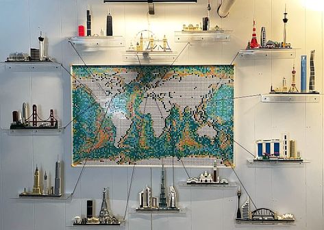 Lego Architecture Display Ideas, Home Office Lego Display, Lego Display Room Ideas, Lego Room Ideas For Adults, Lego Display Ideas Adult, Lego Decorations Room, Lego Home Decor, Lego Set Display, Lego City Display