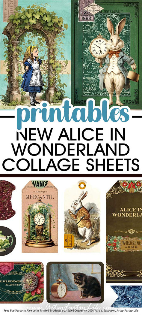 New Alice In Wonderland Free Printable Collage Sheets! Junk Journal Alice In Wonderland, Alice In Wonderland Journal Ideas, Alice In Wonderland Junk Journal Ideas, Alice In Wonderland Free Printables, Mad Hatter Day, Alice In Wonderland Printables, Steampunk Alice In Wonderland, Alice In Wonderland Art, Alice In Wonderland Crafts