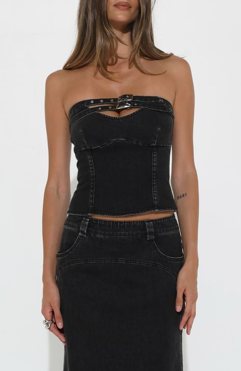 BY.DYLN Jiya Denim Top available at #Nordstrom Denim Corset Top, Denim Corset, Denim Maxi, Denim Maxi Skirt, Everyday Wardrobe, Contemporary Fashion, Black Stretch, Denim Top, Vintage Skirt