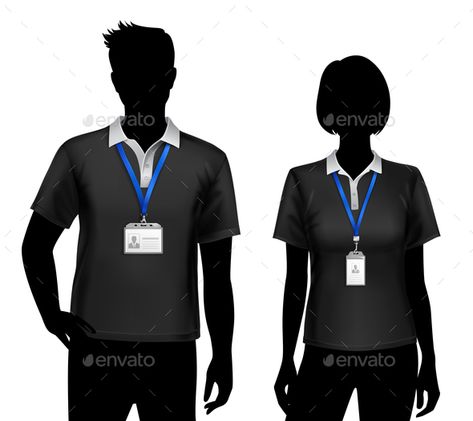 Black silhouettes of staff members man woman standing with blue lanyard id card badges holders vector illustration Handout Design, Black Silhouette, Woman Standing, Badge Holders, Logo Icons, Typography Design, Design Template, Lanyard, Branding Design