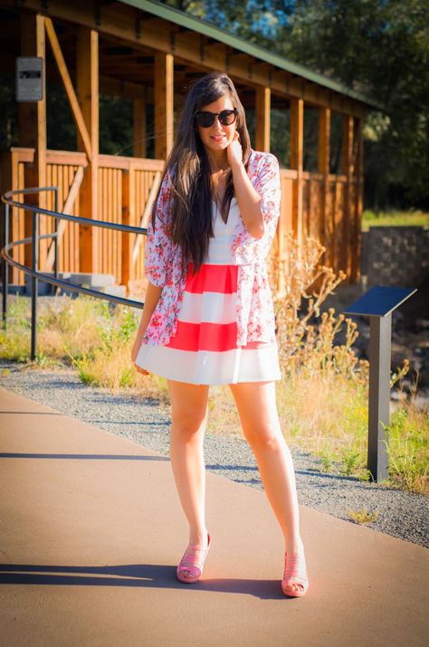 2 ways of styling a skater dress from day to night. Kimono outfit with a skater dress #charlotterusse White Dress Cute, Dress With Shirt, Kimono Outfit, Pink And White Dress, Baby Doll Dress, 2 Way, Babydoll Dress, Dress Pink, Skater Dress