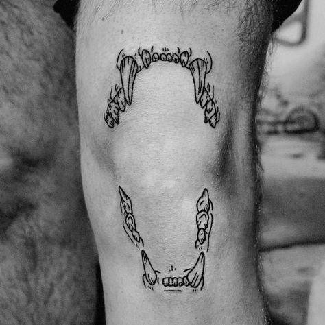 To be finished tomorrow ❤ Lion teeth #handpoked with love on @vandaluigi 's knee 🌚 Lion Jaws Tattoo, Lion Teeth Tattoo, Teeth Around Elbow Tattoo, Knee Teeth Tattoo, Teeth On Knee Tattoo, Teeth Tattoo On Knee, Animal Jaw Tattoo Knee, Cat Jaw Bone Tattoo, Human Teeth Tattoo