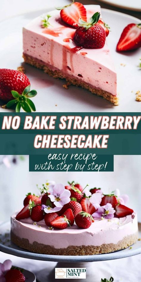 Indulge in this delicious no bake strawberry cheesecake, perfect for summer desserts. With a creamy filling and a graham cracker crust, it's an easy dessert that's bursting with summer fruit flavors. Ideal for any gathering or a simple treat at home. Easy No Bake Strawberry Cheesecake, Strawberry Cheesecake No Bake, No Bake Strawberry Cheesecake, Cheesecake Tart, Easy Strawberry Cheesecake, Strawberry Cheesecake Recipe, Cheesecake Tarts, Baked Fruit, Quick Easy Desserts