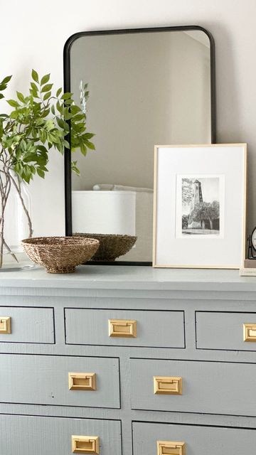 Leaning Mirror On Dresser, Mirror On Dresser, Bedroom Dresser Styling, In Front Of Mirror, Dresser Styling, Textured Bowl, Layer Art, Tall Candlesticks, Leaning Mirror