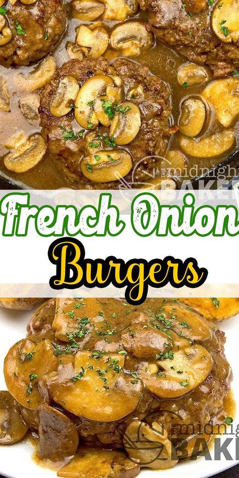 Burgerless french onion burgers are a hearty and easy family dinner recipe. This is a quick one skillet beef dinner recipe for the whole family Recipe For Roasted Potatoes, French Onion Burgers, Onion Burger Recipe, Onion Burgers, Beef Burgers Patties, Mushroom Swiss Burger, Family Dinner Recipe, Bunless Burger, Onion Burger