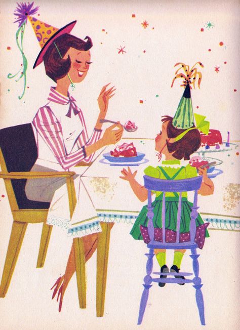 'Let's Give a Party' by Crosby Newell, illustrated by Joanne Nigro (1960) Retro Cookbook, Midcentury Illustration, Retro Whimsical, Illustrated Ladies, Party Illustration, Vintage Birthday Parties, Vintage Family, Mid Century Illustration, Kids Illustration