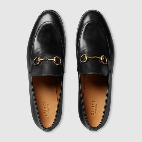 Gucci Women - Gucci Jordaan leather loafer - 404069BLM001000 Gucci Jordaan Loafer, Gucci Jordaan, Gucci Loafers, Black Flats Shoes, Bit Loafers, Loafers Style, Black Loafers, 가을 패션, Shoe Lover