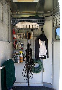 Instead of tripping over stuff on the floor of your dressing room... Horse Trailer Organization, Barn Organization, Tack Room Organization, Horse Tack Rooms, Horse Trailer Living Quarters, Trailer Organization, Trailer Storage, Horse Info, Horse Camp