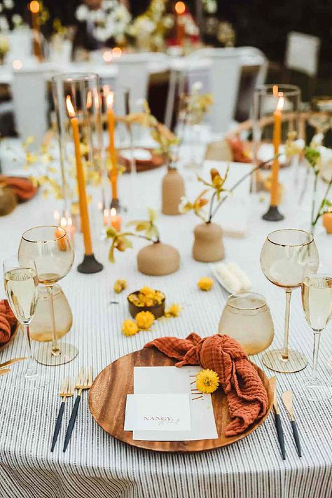 Keep a bridal table setting for your big day.#weddingstyle#bridalideas#weddingday Dark Yellow Wedding, Centerpieces Terracotta, Terracotta Napkins, Yellow Wedding Bouquets, Rust Wedding Color, Rust Bridesmaid Dresses, Bridesmaid Dresses White, Yellow Wedding Bouquet, Rust Wedding