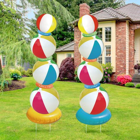 PRICES MAY VARY. Beach Ball Theme Design: the beach ball yard stakes are designed into beach ball shapes, colorful and attractive, adorable and elegant, which can create a joyful and strong beach ball atmosphere Size Information: the beach ball yard signs measures approx. 39 inches/ 100 cm in height and 12.72 inches/ 32.3 cm in width, large in size, easy to attract the attentions of guests and passersby Reliable Material: the outdoor beach ball decor is made of corrugated plastic material, relia Yard Party Decorations, Wooden Stakes, Summertime Decor, Lawn Decorations, Yard Party, Beach Balls, Summer Decorations, Beach Party Decorations, Decorative Garden Stakes