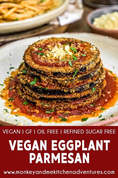 Oven baked to perfection, this healthy, oil-free Vegan Eggplant Parmesan is brimming with flavor the whole family will gobble them down! #vegan #oilfree #glutenfree #plantbased | monkeyandmekitchenadventures.com Vegan Gluten Free Eggplant Parmesan, Vegan Eggplant Parmesan Baked, Eggplant Parmesan Vegan, Vegan Eggplant Recipes, Baked Eggplant Slices, Paleo Entrees, Vegan Eggplant Parmesan, Dr Mcdougall, Nutritarian Diet