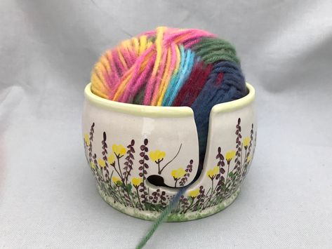 Yarn Bowls Pottery, Small Cake Stand, Ceramic Cafe, Ceramic Yarn Bowl, Yarn Bowls, Beautiful Cake Stands, Wildflower Design, Bowl Holder, Yarn Holder