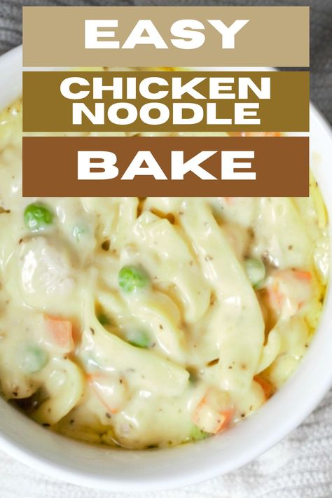 Creamy Chicken Noodle Casserole is the perfect delicious classic comfort food to warm your tummy on a cold day. This combination of chicken, peas, carrots, thick egg noodles, and creamy sauce is seasoned and baked to perfection. These chicken casseroles make a great small-batch lunch, easy weeknight meal, or dinner for two. Creamy Chicken Noodle Casserole, Creamy Chicken Breast Recipes, Chicken Noodle Bake, Creamy Sauce For Chicken, Creamy Chicken And Noodles, Chicken Peas, Chicken And Egg Noodles, Chicken Noodle Casserole Recipe, Creamy Chicken Noodle