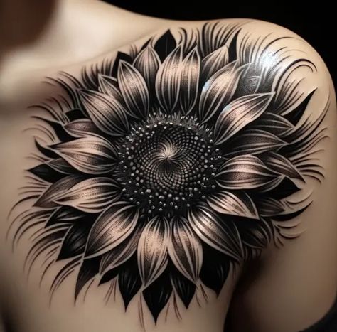 Sunflower Neck Tattoo, Black And Grey Tattoo Ideas, Arm Cover Up Tattoos, Dragonfly Quotes, Black Flowers Tattoo, Gotik Tattoo, Sunflower Tattoo Sleeve, Japanese Flower Tattoo, Scar Tattoo