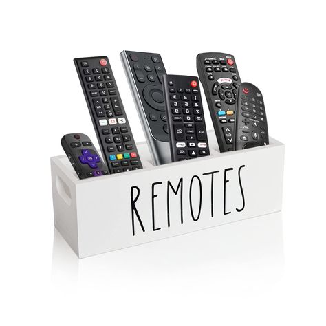 PRICES MAY VARY. REMOTE CONTROL HOLDER --- Tired of losing your remote controls? Keep your remotes ready for action with a remote holder. 3 divided compartments to store your TV & DVD remote controls or other small electronic devices. Make your home and desk more organized. FARMHOUSE STYLE --- Cute font of REMOTES is printed on a farmhouse style storage container, providing modern farmhouse touch to your home. It is a wonderful alternative to plastic TV remote caddy. WHAT YOU WILL GET --- One pa Black White Kitchen Decor, Remote Storage, Remote Organization, Remote Caddy, Tv Controller, Remote Control Organizer, Bedside Caddy, Bedside Organizer, Remote Control Storage