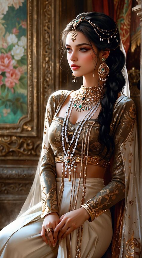 Indian Fairy Aesthetic, Arabic Princess Dresses, Indian Princess Royal, Arabian Princess Aesthetic, Indian Princess Art, Middle East Fashion, Royal Ball Gown, Indian Queen, Persian Princess