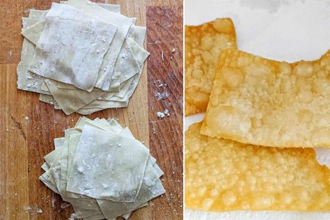 Easy homemade vegan fried wonton skins - Messy Vegan Cook Deep Fried Wontons, Fried Wonton, Homemade Ramen Noodles, Thai Noodle Soups, Noodle Soups, Crispy Wonton, Fried Wontons, Vegan Fries, Wonton Recipes