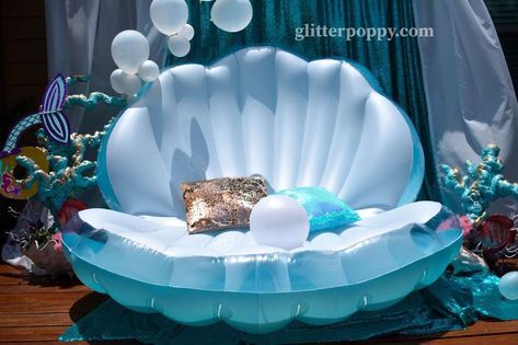 Danielita's Mermaid Party! | CatchMyParty.com Blue Photoshoot Birthday, Mermaid Float, Ariel Birthday Party, Sea Party Ideas, Mermaid Birthday Party Decorations, Ocean Birthday Party, Mermaid Theme Birthday Party, Ariel Birthday, Beach Birthday Party