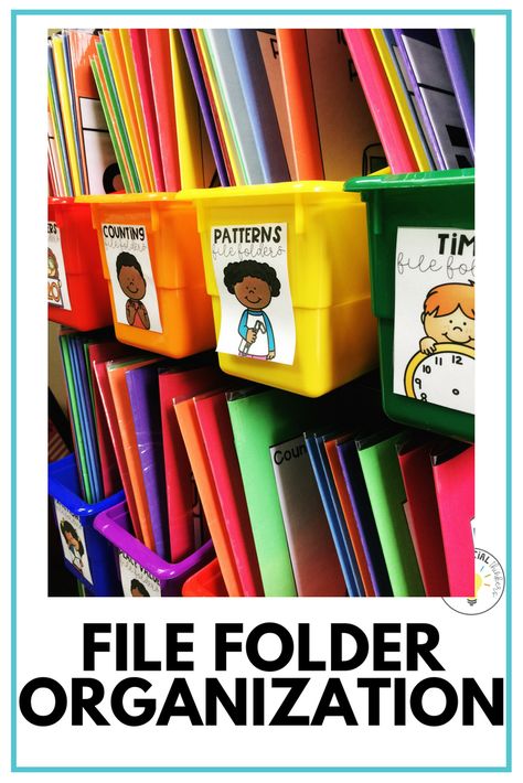 How to Prep File Folder Tasks at Home! Use these materials to keep you organized and ahead of teacher prep lesson plans. Perfect for early childhood, pre-school, kindergarten, or special education teachers getting ready for back to school Special Education Classroom Organization, Trendy Classroom, School File, Organization School, Kindergarten Organization, File Folder Organization, File Folder Activities, Folder Organization, Classroom Storage