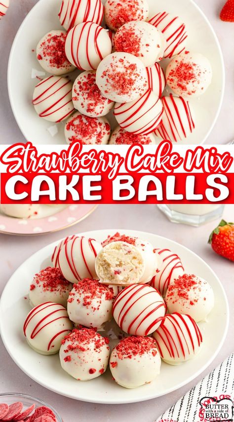 Cake Mix Cake Balls, Cake Mix Cream Cheese, Strawberry Cake Pops, Cake Ball Recipes, Cream Cheese Ball, Valentines Recipes Desserts, Desert Ideas, Strawberry Cake Mix, Strawberry Dessert