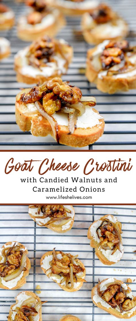 Goat Cheese Crostini with Candied Walnuts and Caramelized Onions | Appetizers | Goat Cheese Crostini Recipe | Crostini Recipes | Party Appetizers Onion Appetizers, Crostini Recipe, Cheese Crostini, Goat Cheese Crostini, Crostini Appetizers, Crostini Recipes, Mom Recipes, Goat Cheese Recipes, Magnolia Table