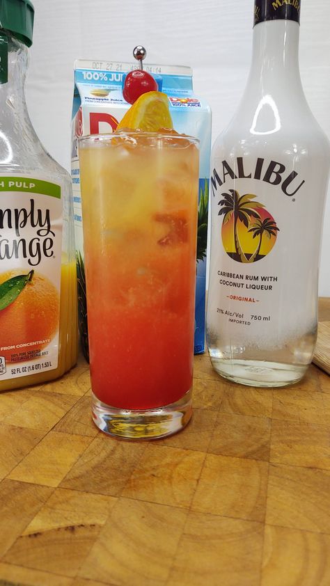 Malibu Sunrise: Classic Cocktail, Tropical Twist | Occasional Cocktails Scooby Snack Shot, Sunrise Drink, Malibu Sunrise, Malibu Cocktails, Vodka Sunrise, Coconut Liqueur, Sunrise Cocktail, Glass Cocktail Shaker, Malibu Rum