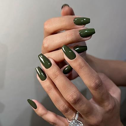 🌿💚 Embrace earthy elegance with these olive green press-on nails! Featuring a trendy medium short square shape and short ballerina coffin design, these glue-on nails are perfect for a stylish spring and summer look. Easy to apply and effortlessly chic! 💅✨ #OliveGreenNails #PressOnNails #ChicStyle #NailArtMagic Gel Nails Medium, Medium Square Nails, Medium Coffin Nails, Glue On Nails Short, Nails Medium Coffin, Nails Medium Square, Nails Press Ons, Green Acrylic Nails, Medium Coffin