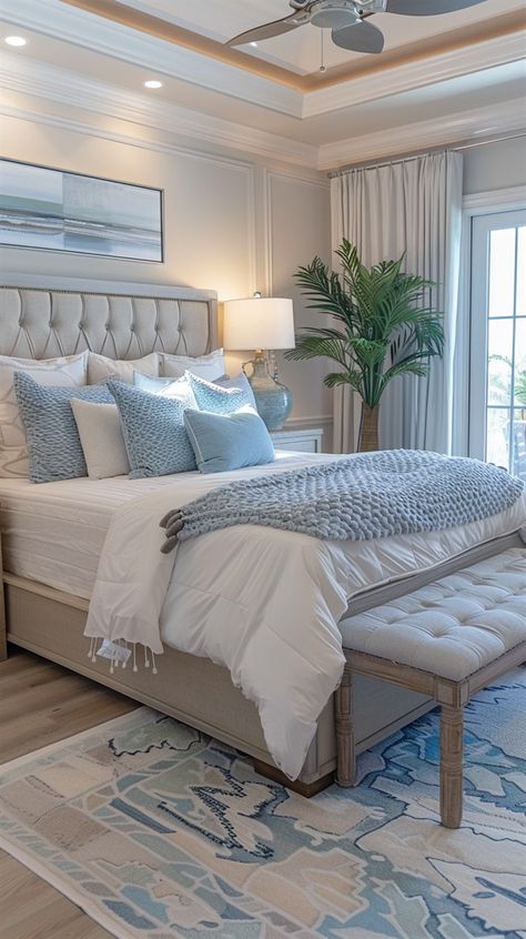 Modern Coastal Beds, Seaside Theme Bedroom, Bedroom Coastal Style, Coastal Bloxburg, Blue And Cream Bedroom, Coastal Bedroom Decor, Costal Bedroom, Modern Coastal Bedroom, Small Apartment Balcony Ideas