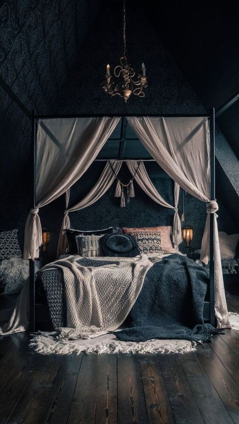 A cozy and stylish black boho-themed bedroom interior, captured in a stunning photo. The room features dark wooden flooring, a large canopy bed draped with flowing fabrics, and mismatched patterned pillows. The walls are adorned with intricate black wallpaper, and a vintage chandelier hangs overhead. The atmosphere is warm and inviting, with a mixture of textures and patterns that give the space a unique, eclectic vibe., photo Black Canopy Bed Aesthetic, Black Canopy Bedroom Ideas, Green Boho Bedroom Ideas, Ocean Inspired Bedroom, Green Boho Bedroom, Canopy Bed Drapes, Black Boho Style, Black Canopy Bed, Academia Bedroom