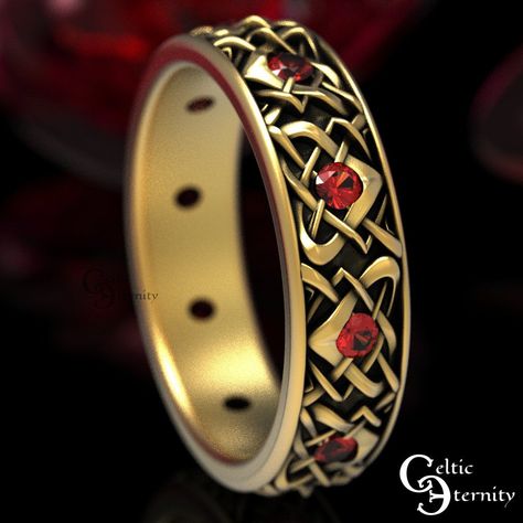 See this ring with more stones and metals: www.etsy.com/shop/CelticEternity?search_query=1459 This is a unique design of bold hearts featuring Celtic knotwork and 10 Rubies. A perfect design for the lover of clean, flowing design with excellent symmetry to please the eye! All our Celtic rings are made to order and made in YOUR custom size. We suggest buying our refundable ring sizer: www.etsy.com/listing/937178260 Cast in solid gold or platinum, these rings are made of 100% recycled metal. The f Ruby Engagement Ring Men, Ruby Wedding Rings Men, Ruby Rings For Men, Ruby Ring Designs Unique For Men, Ruby Male Wedding Ring, Ruby Mens Wedding Band, Ruby Ring For Men, Mens Real Ruby Rings, Wedding Ring Heart