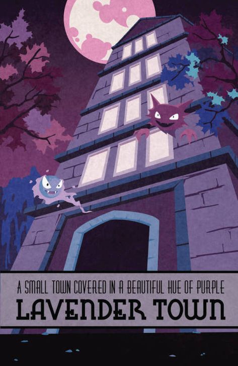 Pokemon Travel Poster, Lavender Town Pokemon, Pokemon Locations, Kanto Region, Kitchen Bohemian, Ghost Type Pokemon, Gijinka Pokemon, Cottage Home Decor, Pokemon Gym