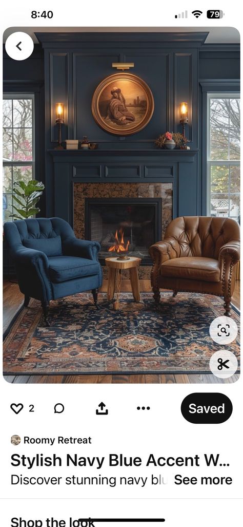 Dark Blue Moody Living Room, Blue Moody Living Room, Dark Blue Wall Living Room, Navy Blue Living Room Color Scheme, Dark Blue Fireplace, Moody Blue Living Room, Colonial Williamsburg Interiors, Colonial Style Living Room, Traditional Mantle