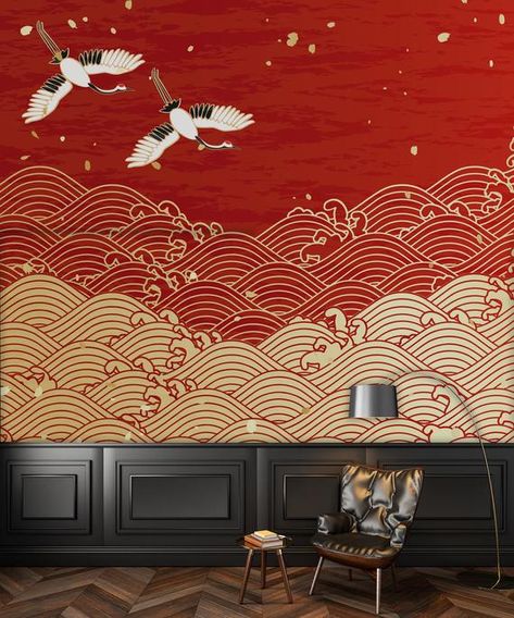 Chinese Restaurant Interior Design, Sushi Bar Design, Japanese Restaurant Interior, Japanese Wall Decor, Wave Drawing, Restaurant Themes, Wallpaper Home Decor, Japanese Wall Art, Japanese Decor