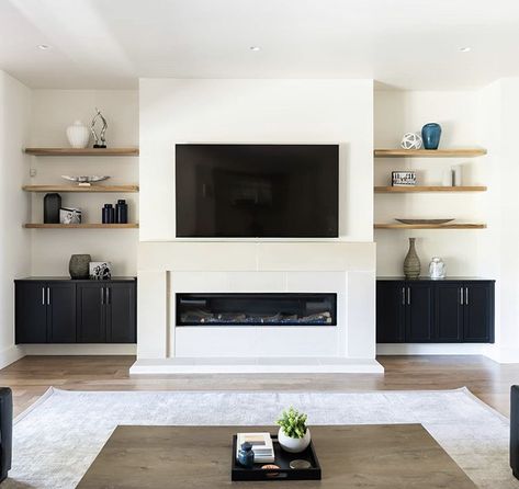 Modern Fireplace With Floating Shelves, Modern Built Ins Around Fireplace, Modern Fireplace Floating Shelves, Modern Fireplace Shelving, Fireplace Mantle Shelves, Modern Fireplace Shelves, Floating Cabinets Next To Fireplace, Modern Built In Fireplace, Cabinets Near Fireplace