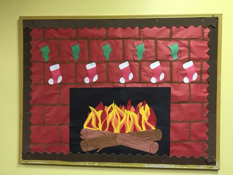 Fireplace bulletin board RA by Melina DallaStella Weather Bulletin Board, Daycare Bulletin Boards, Boarders For Bulletin Boards, Infant Room Daycare, Hallway Bulletin Boards, Elementary Bulletin Boards, Christmas Bulletin Boards, Toddler Daycare, Infant Classroom